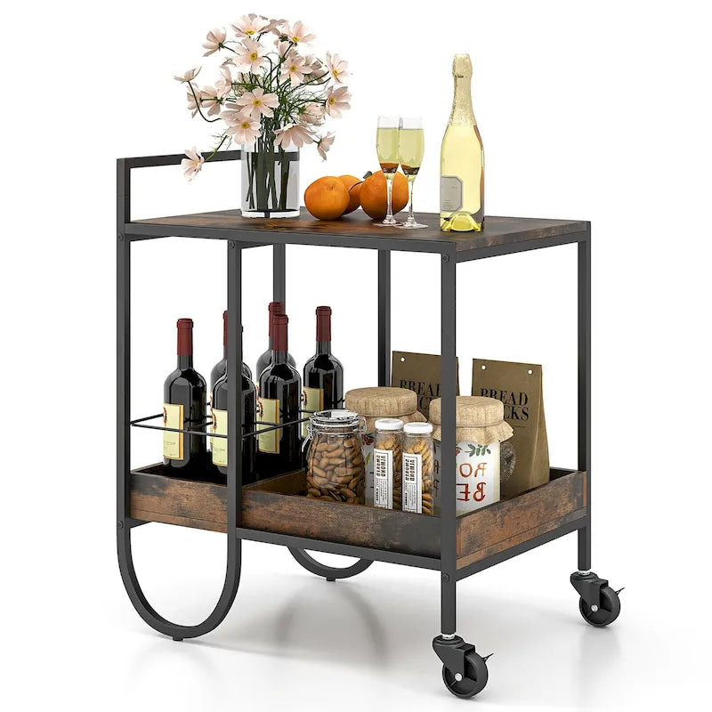 Industrial Rolling Bar Cart with Removable Wine Rack