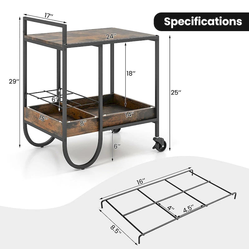 Industrial Rolling Bar Cart with Removable Wine Rack