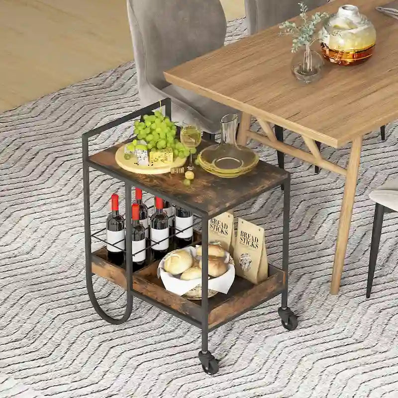 Industrial Rolling Bar Cart with Removable Wine Rack