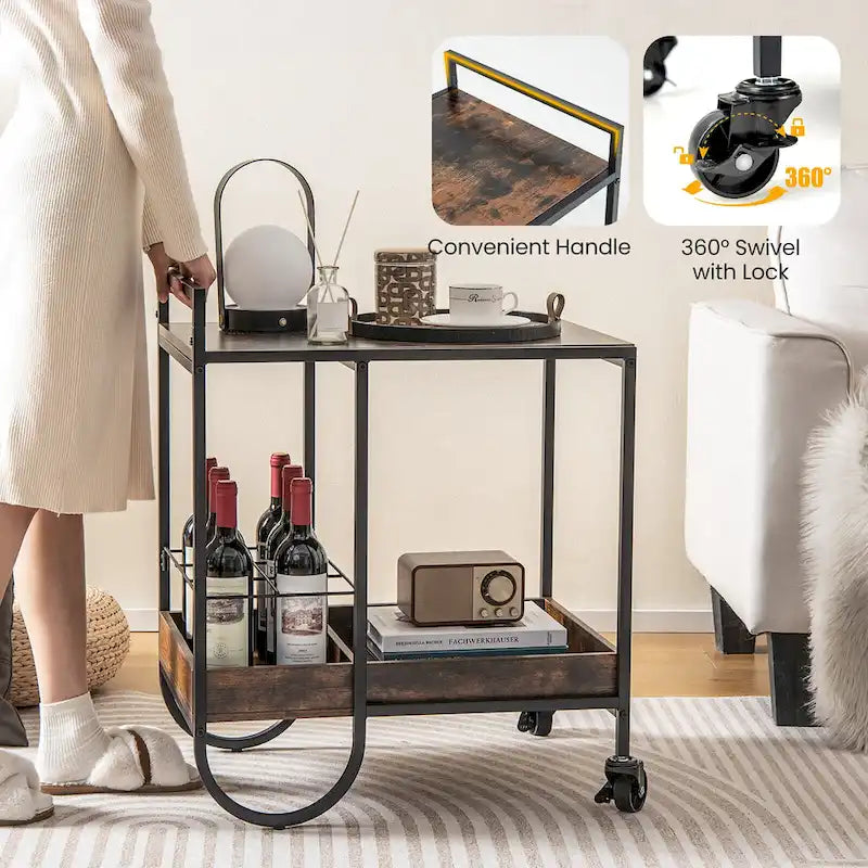 Industrial Rolling Bar Cart with Removable Wine Rack