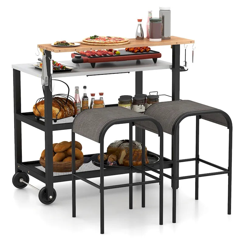 Rolling Bar Cart with Flip-Up Table and 2 Patio Barstools