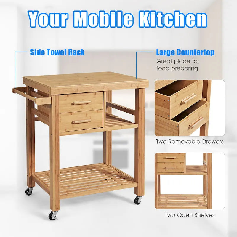 Bamboo Rolling Kitchen Island Cart with Drawers and Shelves