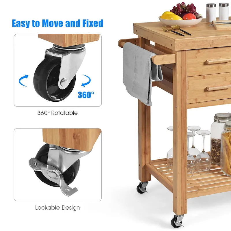Bamboo Rolling Kitchen Island Cart with Drawers and Shelves