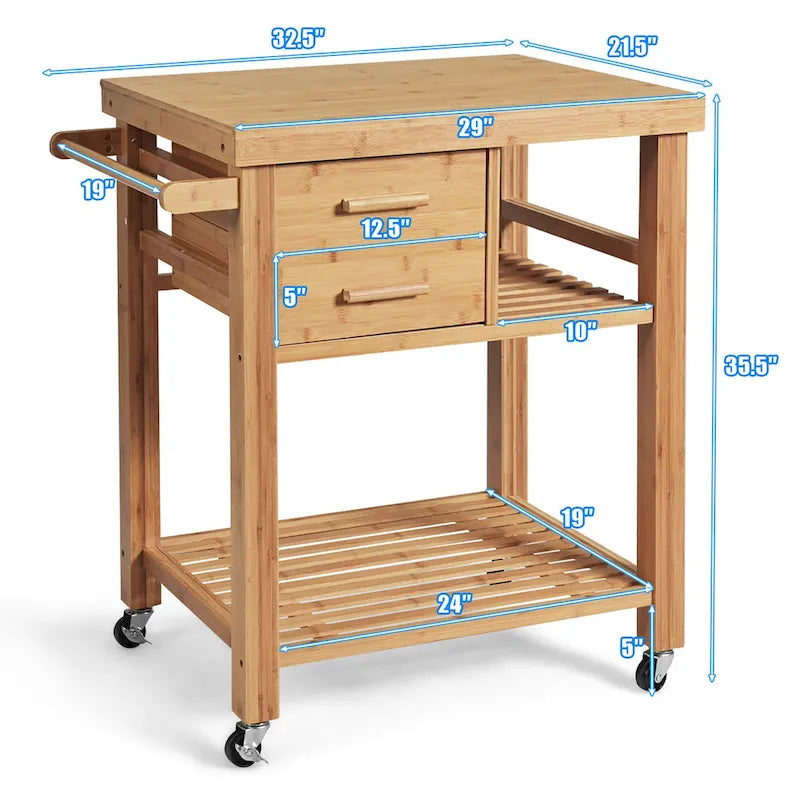 Bamboo Rolling Kitchen Island Cart with Drawers and Shelves