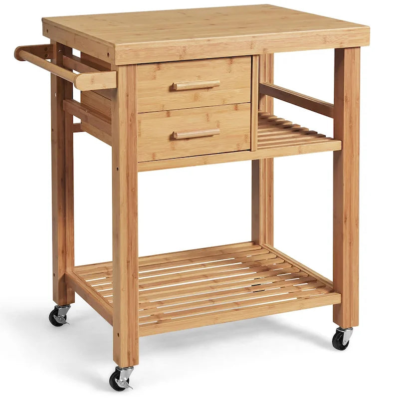 Bamboo Rolling Kitchen Island Cart with Drawers and Shelves