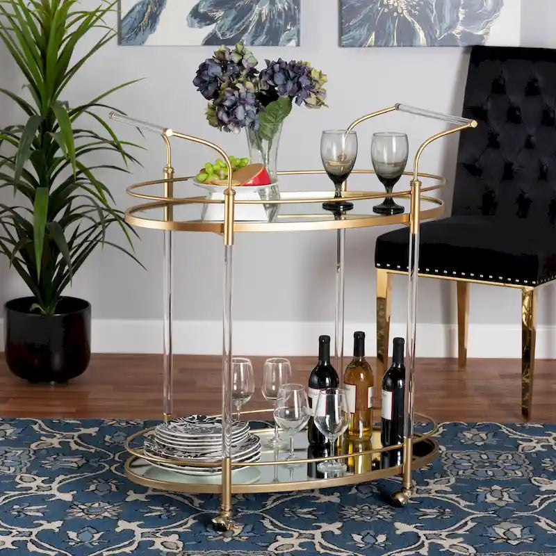Gold Metal and Mirrored Glass 2-Tier Wine Cart