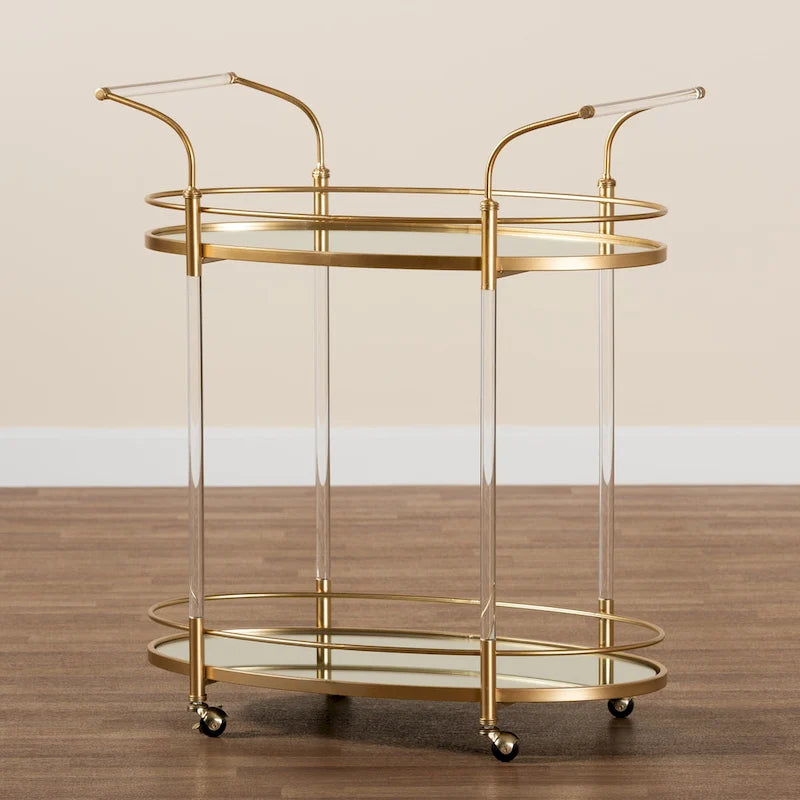 Gold Metal and Mirrored Glass 2-Tier Wine Cart
