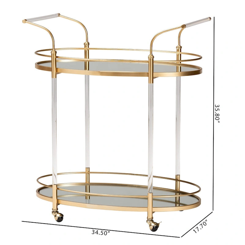 Gold Metal and Mirrored Glass 2-Tier Wine Cart