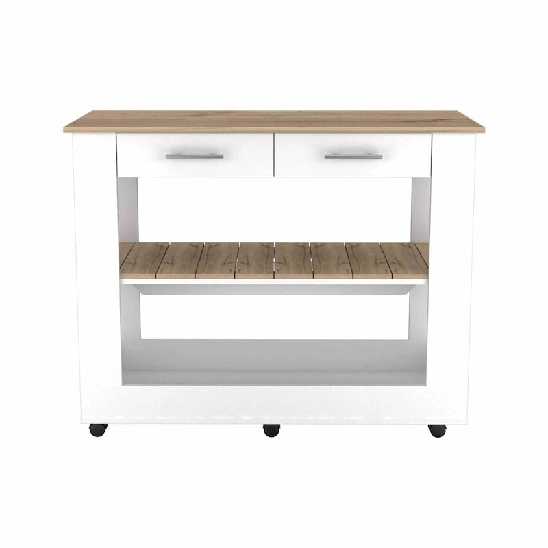 Light Oak and White Kitchen Island with Drawer, Shelves and Casters