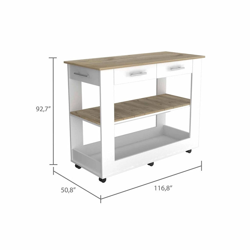 Light Oak and White Kitchen Island with Drawer, Shelves and Casters