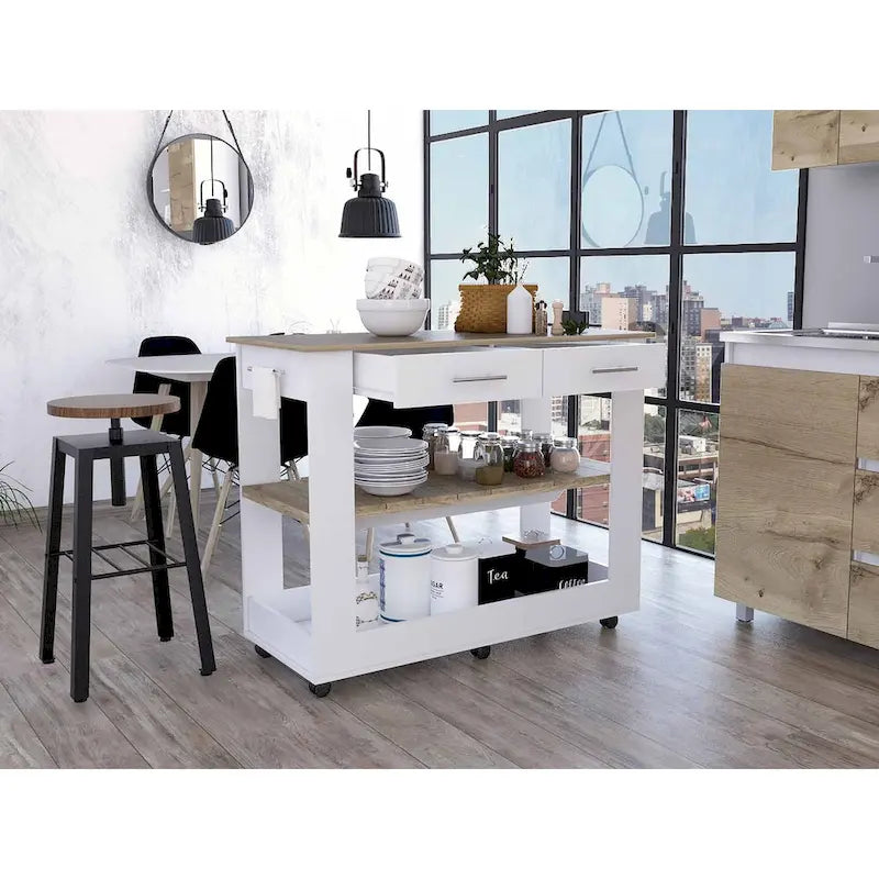 Light Oak and White Kitchen Island with Drawer, Shelves and Casters
