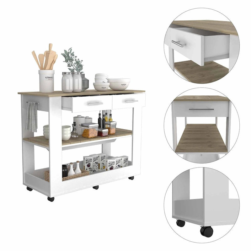 Light Oak and White Kitchen Island with Drawer, Shelves and Casters