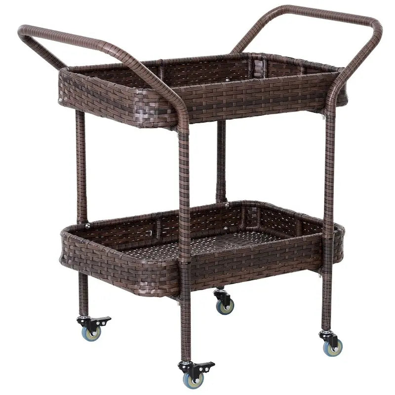 2-Tier Rattan Serving Cart with 4 Wheels and Brakes