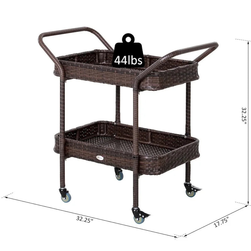 2-Tier Rattan Serving Cart with 4 Wheels and Brakes