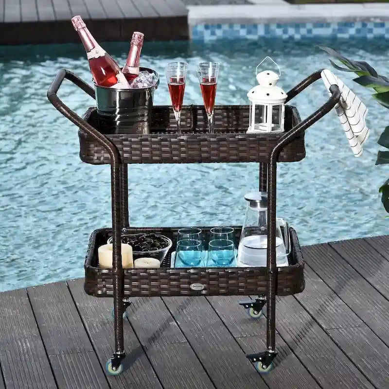 2-Tier Rattan Serving Cart with 4 Wheels and Brakes