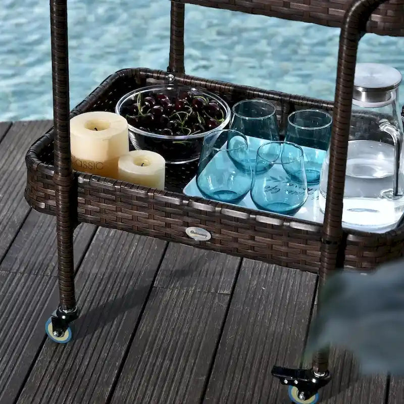 2-Tier Rattan Serving Cart with 4 Wheels and Brakes