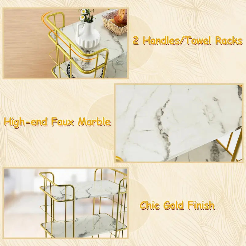 3-Tier Gold Rolling Serving Cart with Marble-Look Shelves