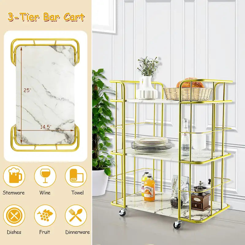 3-Tier Gold Rolling Serving Cart with Marble-Look Shelves