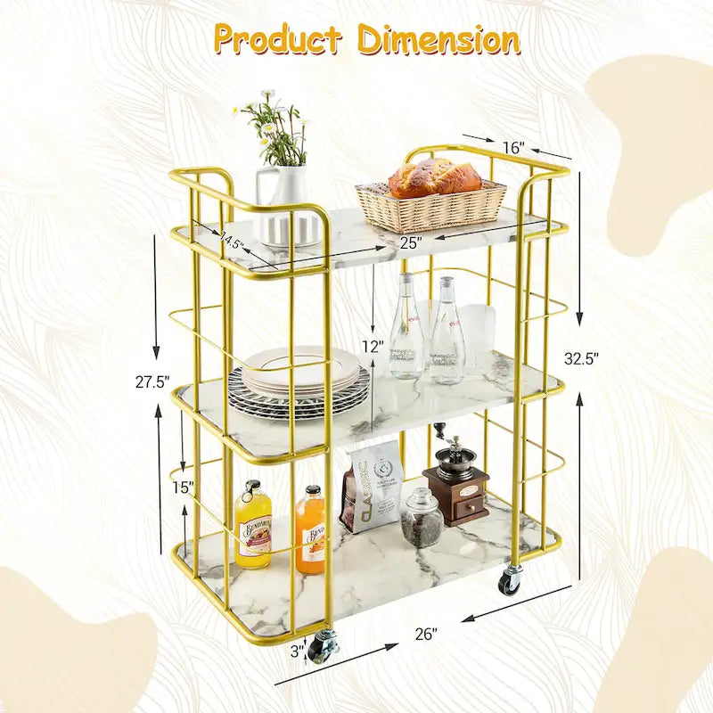 3-Tier Gold Rolling Serving Cart with Marble-Look Shelves