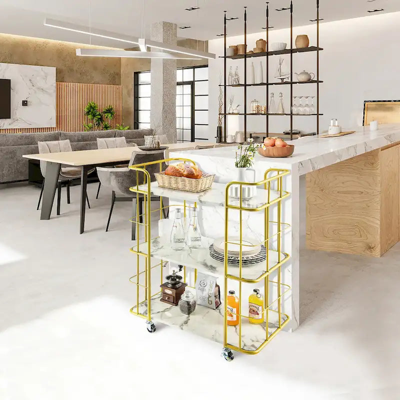 3-Tier Gold Rolling Serving Cart with Marble-Look Shelves