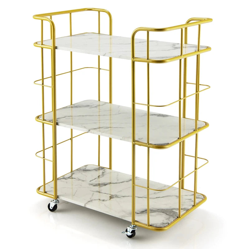 3-Tier Gold Rolling Serving Cart with Marble-Look Shelves
