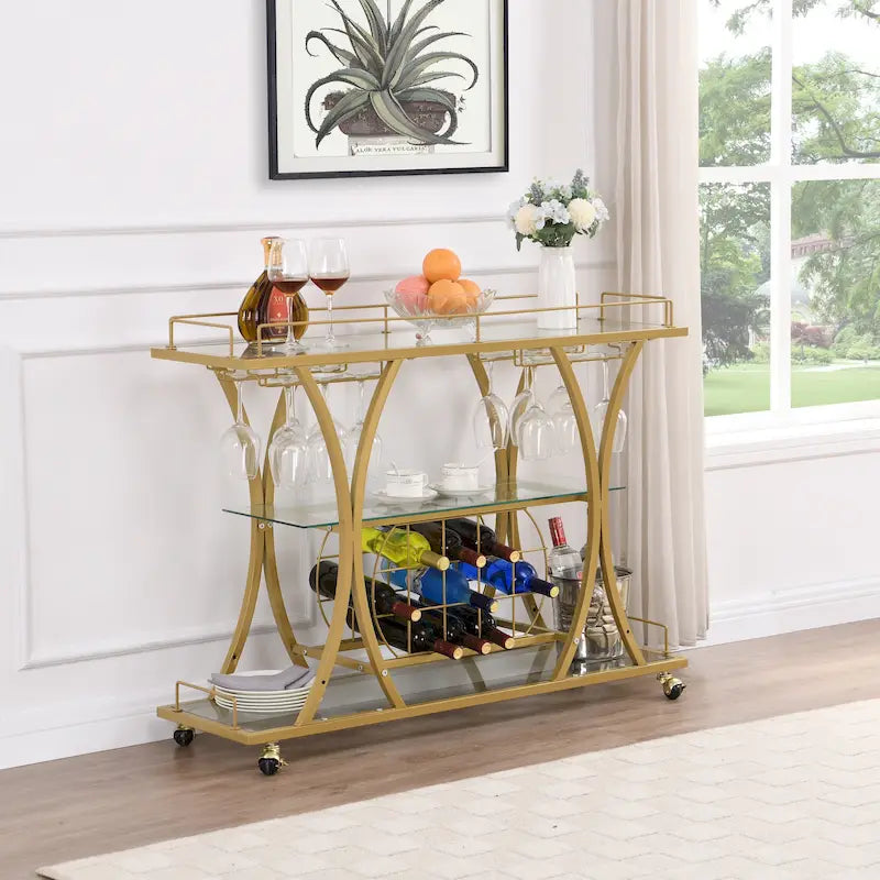 3-Tier Tempered Glass Bar Cart with Wine Storage