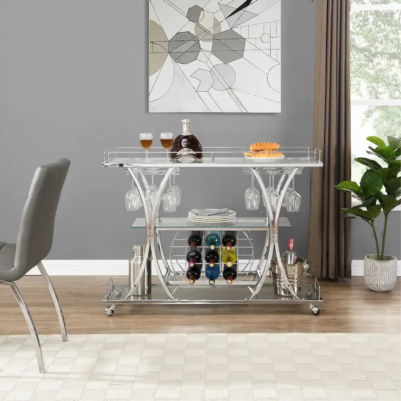 3-Tier Tempered Glass Bar Cart with Wine Storage