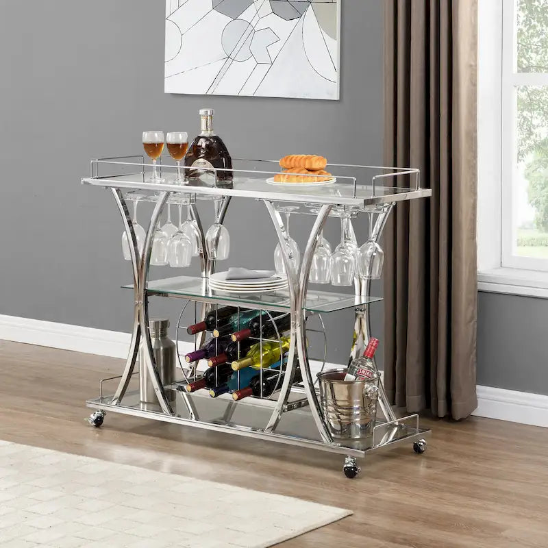 3-Tier Tempered Glass Bar Cart with Wine Storage