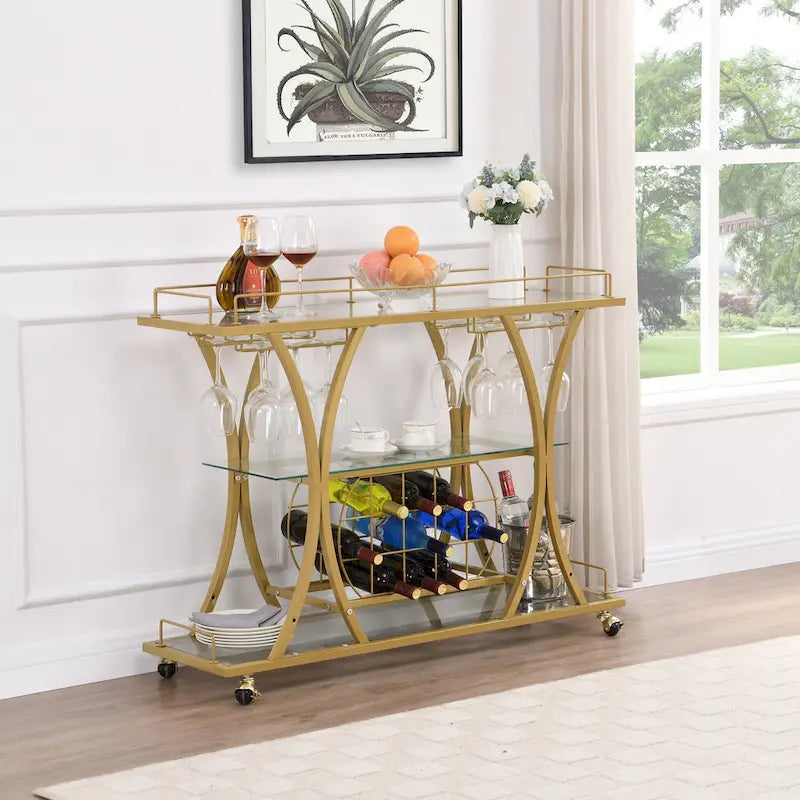 3-Tier Tempered Glass Bar Cart with Wine Storage