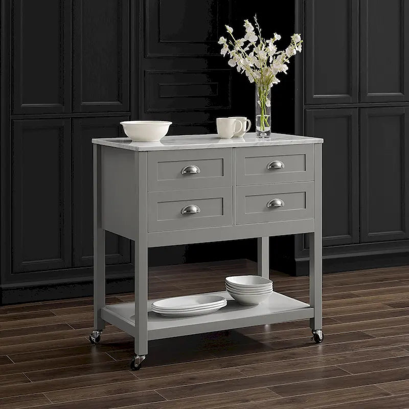 Kitchen Island Cart with Faux Marble Top and 4 Drawers