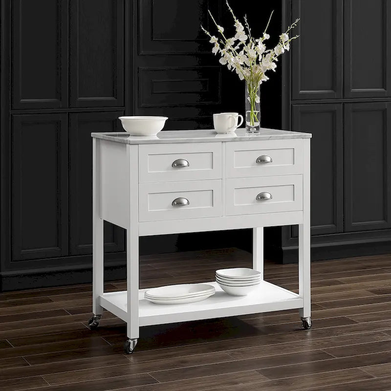 Kitchen Island Cart with Faux Marble Top and 4 Drawers
