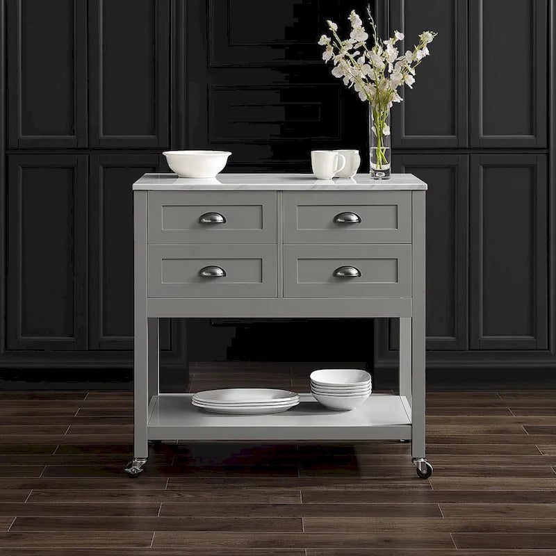 Kitchen Island Cart with Faux Marble Top and 4 Drawers