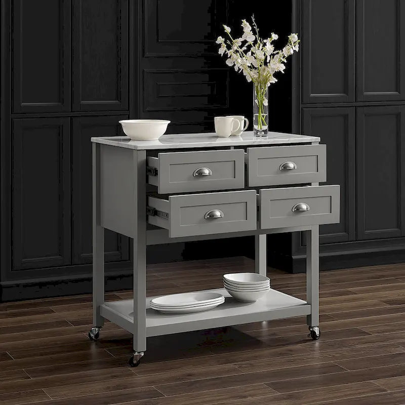Kitchen Island Cart with Faux Marble Top and 4 Drawers