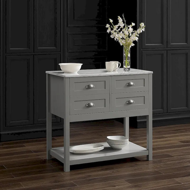 Kitchen Island Cart with Faux Marble Top and 4 Drawers