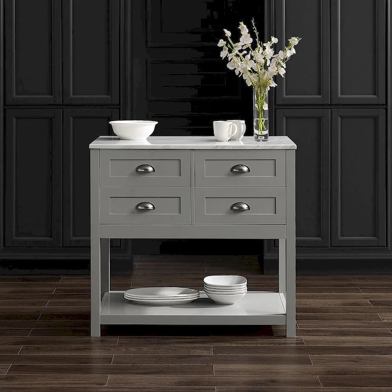 Kitchen Island Cart with Faux Marble Top and 4 Drawers