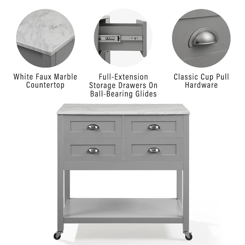 Kitchen Island Cart with Faux Marble Top and 4 Drawers