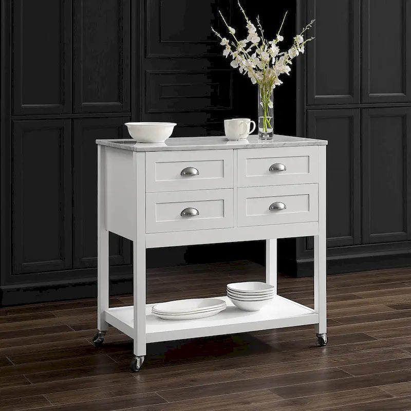Kitchen Island Cart with Faux Marble Top and 4 Drawers