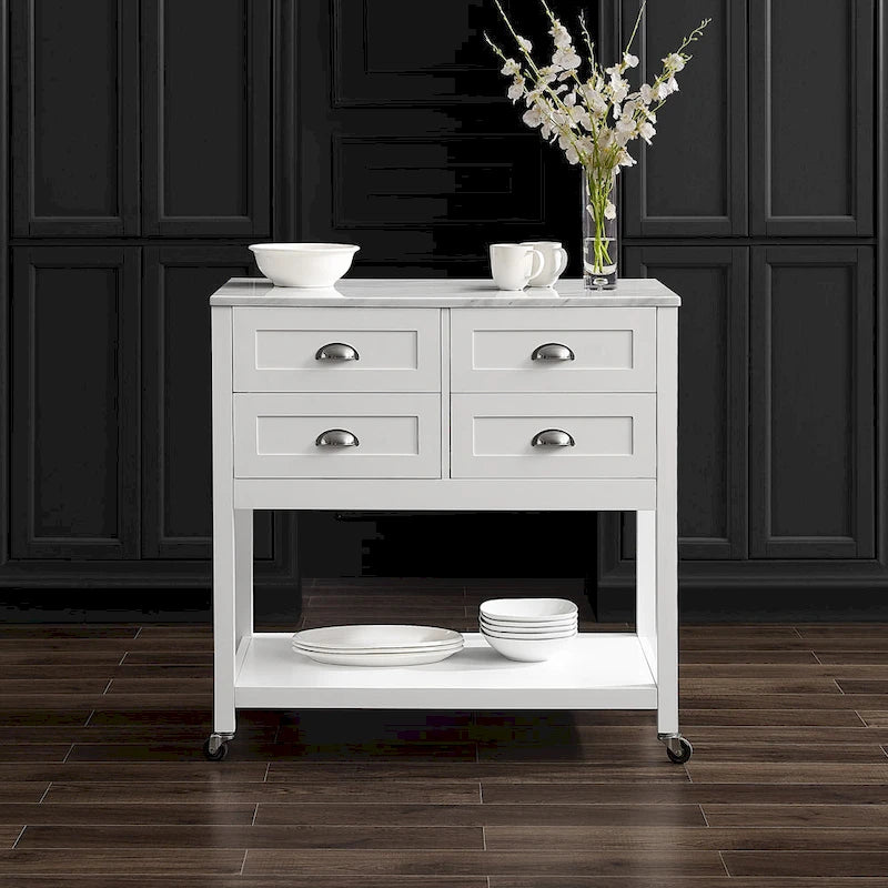 Kitchen Island Cart with Faux Marble Top and 4 Drawers