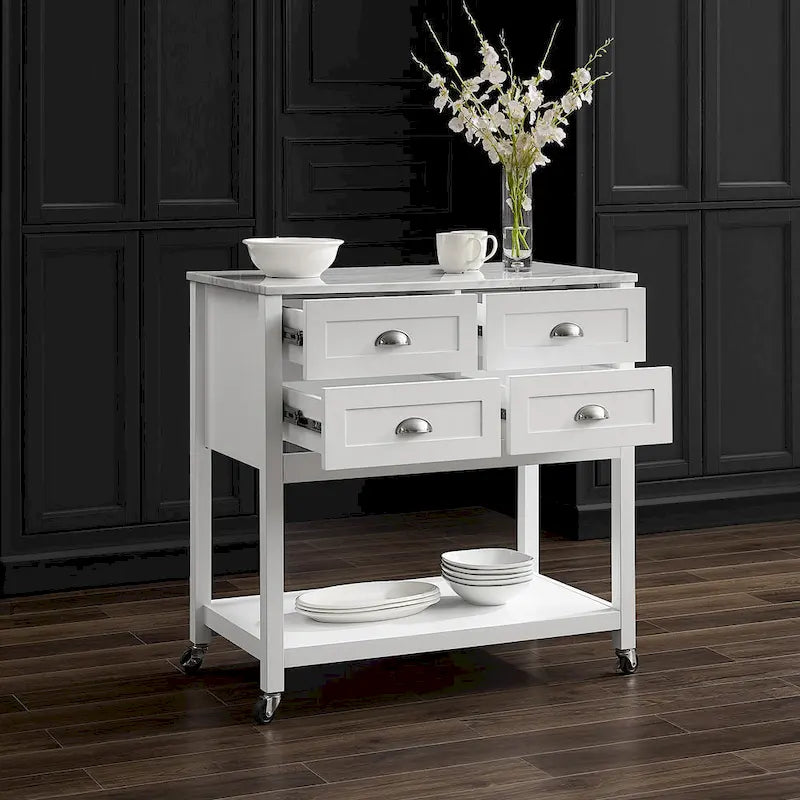 Kitchen Island Cart with Faux Marble Top and 4 Drawers