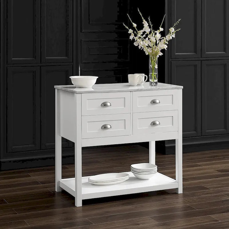 Kitchen Island Cart with Faux Marble Top and 4 Drawers