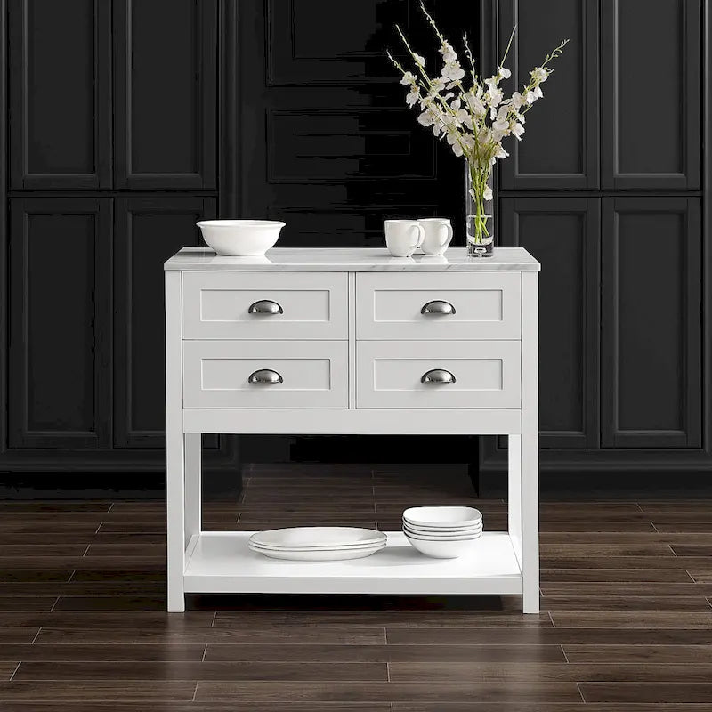 Kitchen Island Cart with Faux Marble Top and 4 Drawers
