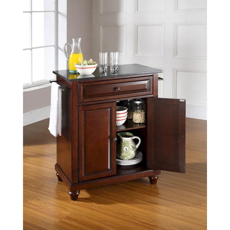 Solid Granite Top Portable Kitchen Island in Vintage Mahogany Finish