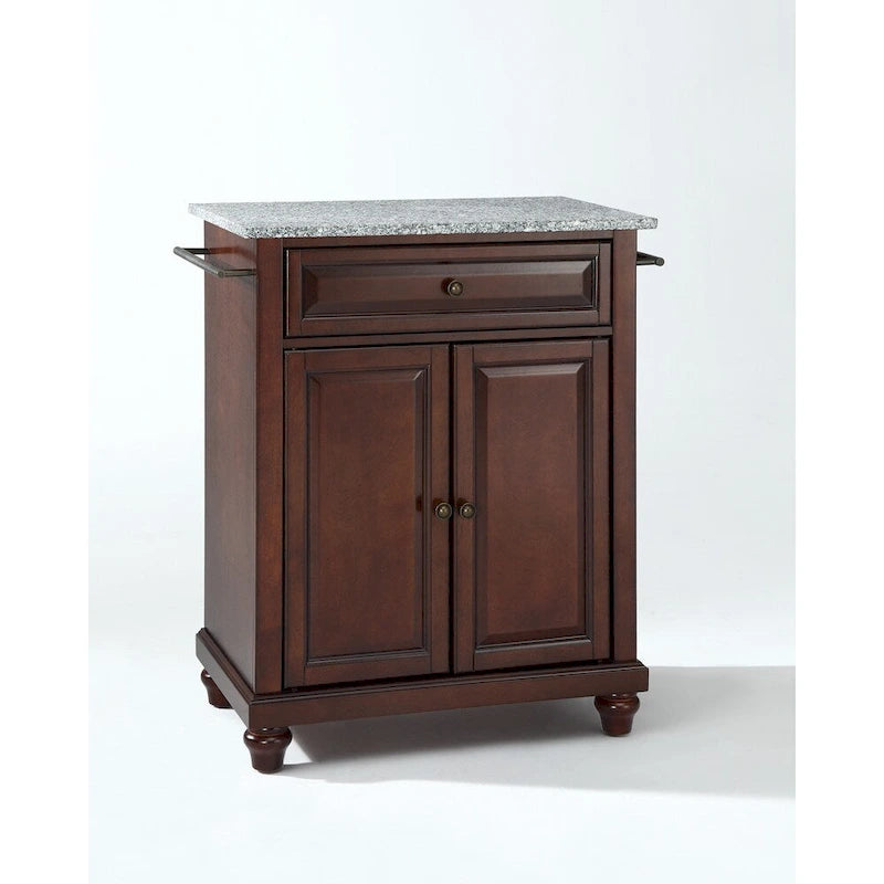 Solid Granite Top Portable Kitchen Island in Vintage Mahogany Finish