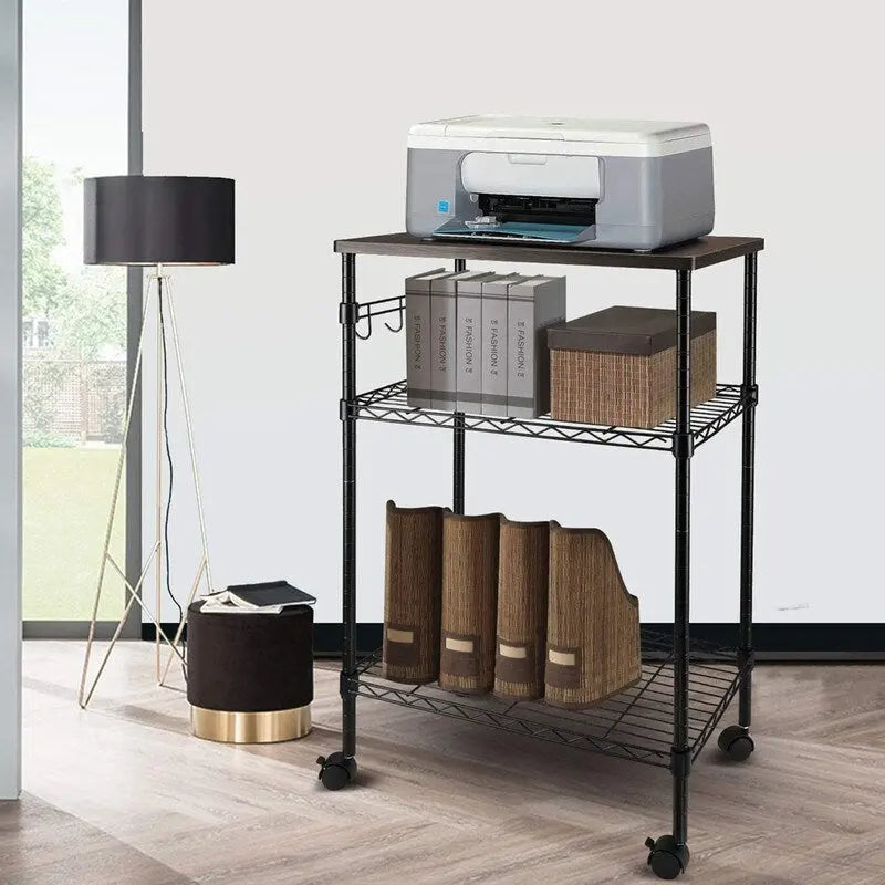 3-Tier Metal Rolling Kitchen Utility Cart with Wood Top