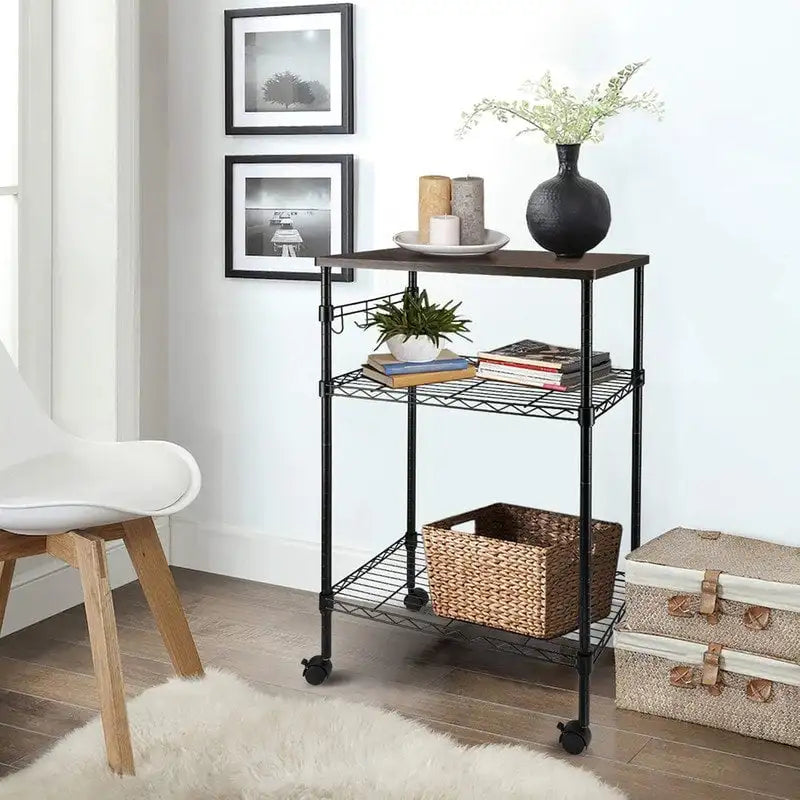 3-Tier Metal Rolling Kitchen Utility Cart with Wood Top