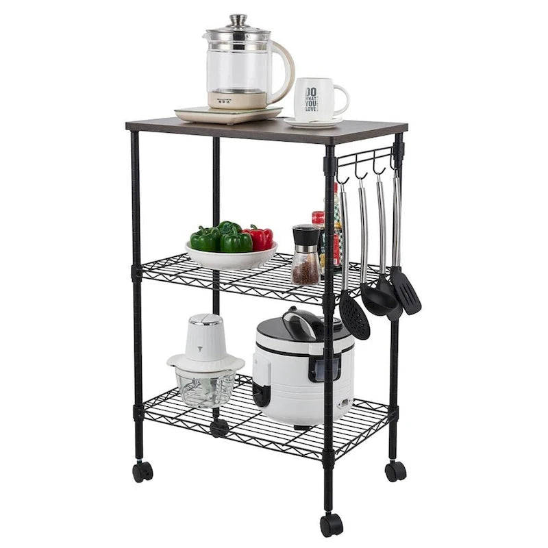 3-Tier Metal Rolling Kitchen Utility Cart with Wood Top