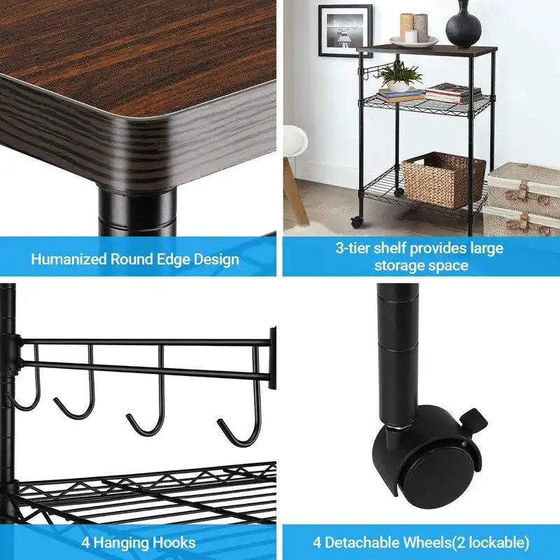 3-Tier Metal Rolling Kitchen Utility Cart with Wood Top