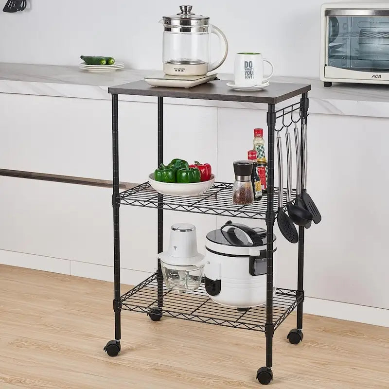 3-Tier Metal Rolling Kitchen Utility Cart with Wood Top