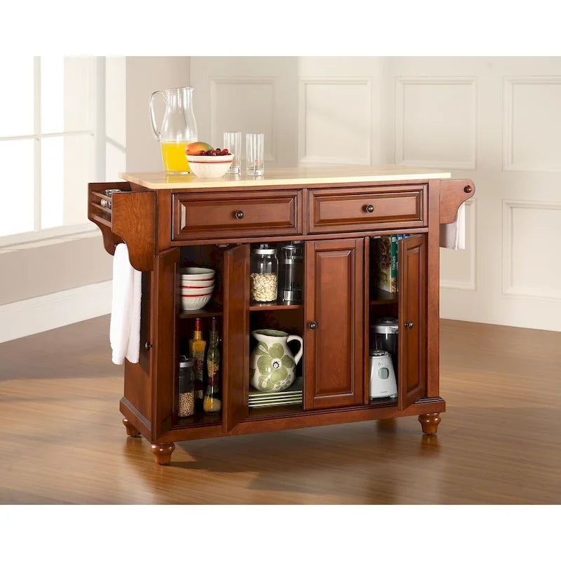 Natural Wood Top Kitchen Island with Drawers and Adjustable Shelves