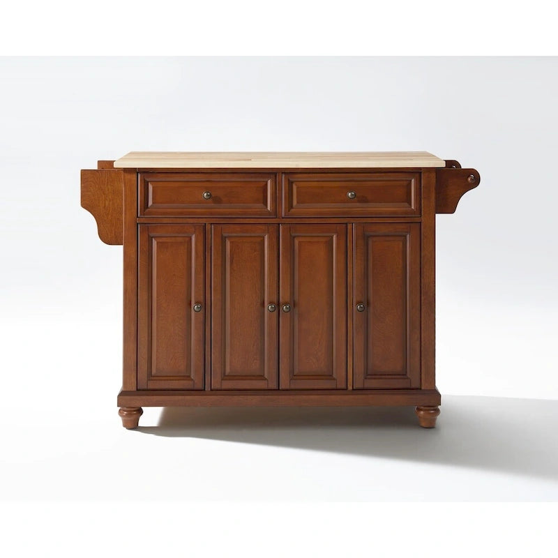Natural Wood Top Kitchen Island with Drawers and Adjustable Shelves